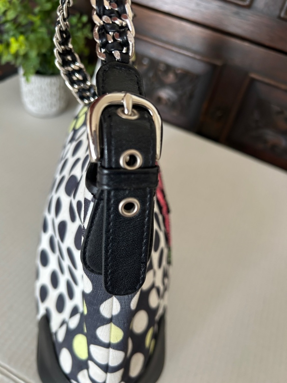 Isabella Fiore Black Polka Dot Floral Shoulder Bag - Pink Flower Accent - Picture 12 of 13